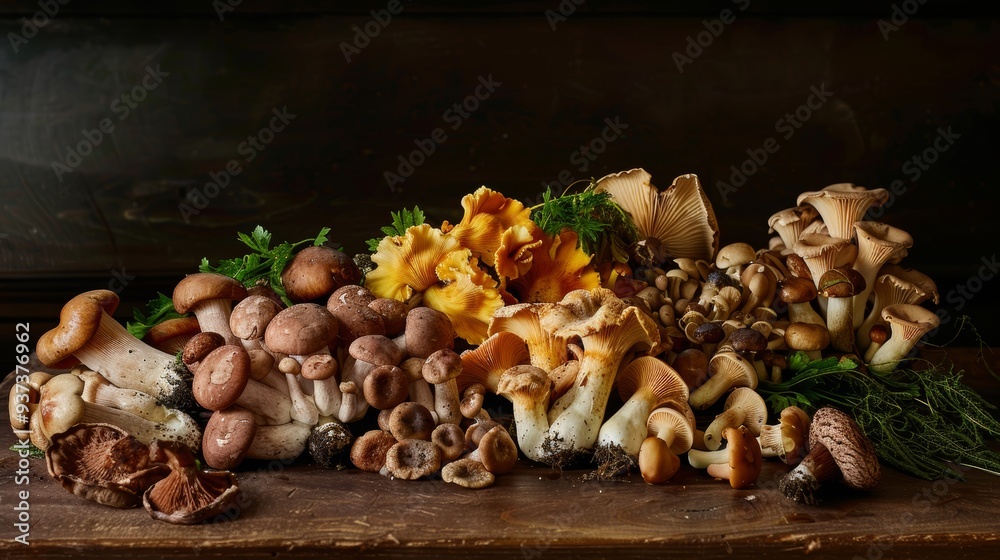 A beautiful display of fresh chanterelles, morels, and creminis on a dark wooden surface A beautiful display of fresh chanterelles, morels, and creminis on a dark wooden surface