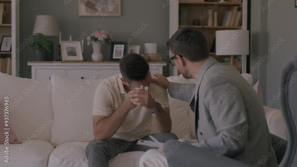 A young depressed man talking to a psychologist during the session, about mental health. A man discussing problems with a psychologist. 4k A young depressed man talking to a psychologist during the session, about mental health. A man discussing problems with a psychologist. 4k