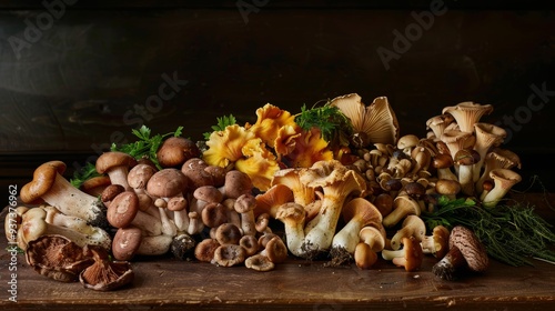 A beautiful display of fresh chanterelles, morels, and creminis on a dark wooden surface