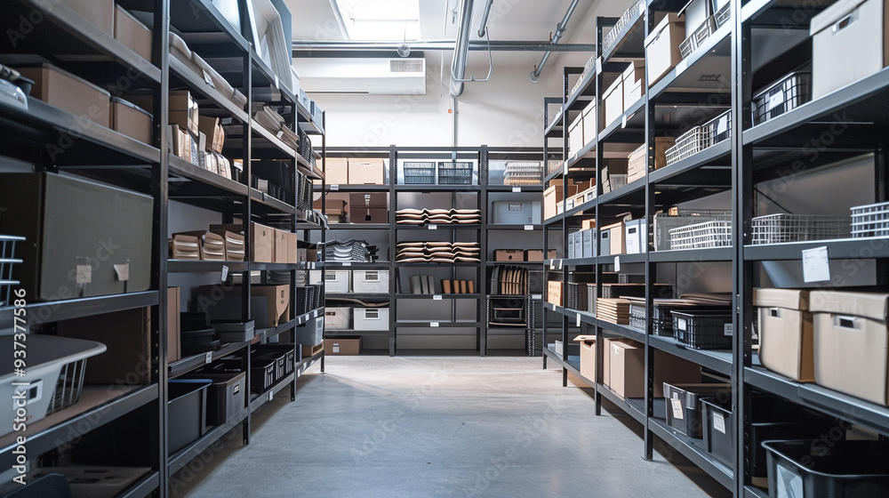 sleek, minimalist storage with clean lines and neutral colors. tall, industrial shelving units with open metal frames, paired with organized storage bins sleek, minimalist storage with clean lines and neutral colors. tall, industrial shelving units with open metal frames, paired with organized storage bins
