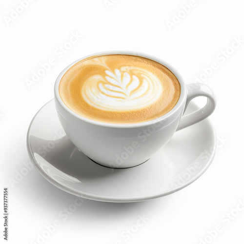 A white coffee cup with a white saucer and a swirl of foam on top. The cup is filled with coffee and has a leaf design on the foam