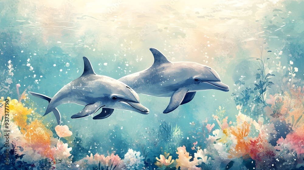 Obraz premium Gentle dolphins swimming side by side in a whimsical watercolor, designed for a child's room, featuring pastel hues and a lively oceanic feel