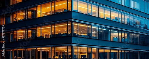 Modern Office Building Facade with Illuminated Windows at Night - Photo