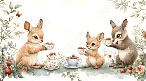 A delightful watercolor scene of woodland animals enjoying a tea party, in pastel hues, designed for a child's room, full of charm and vibrant life