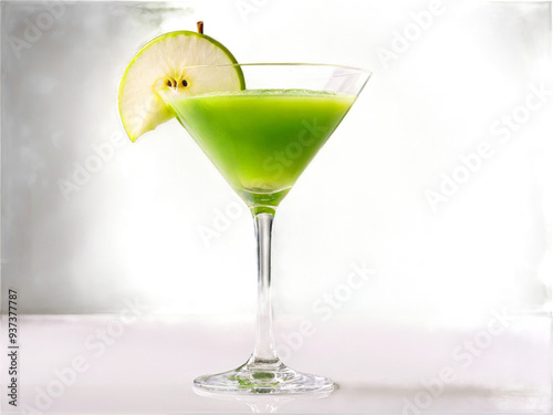 Sour Apple Bright green cocktail in a martini glass garnished with a slice of apple photo