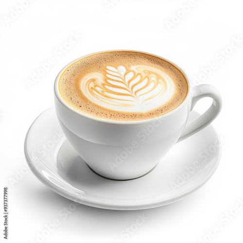 A white coffee cup with a white saucer and a leaf design on it. The coffee is hot and frothy, with a white foam on top