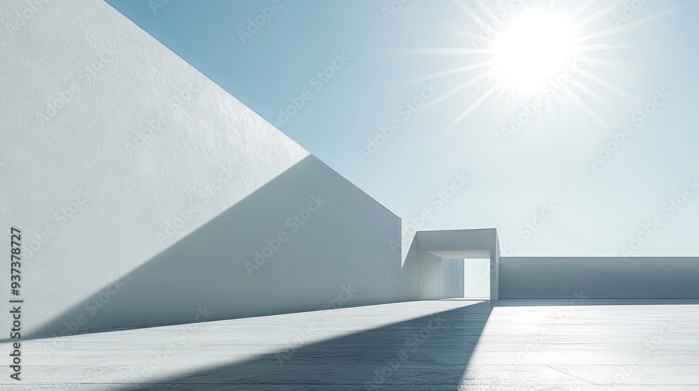 An image of a sleek, contemporary white building under a bright midday sun, casting crisp, defined shadows that emphasize the building's minimalist design, more clarity with clear light and sharp An image of a sleek, contemporary white building under a bright midday sun, casting crisp, defined shadows that emphasize the building's minimalist design, more clarity with clear light and sharp