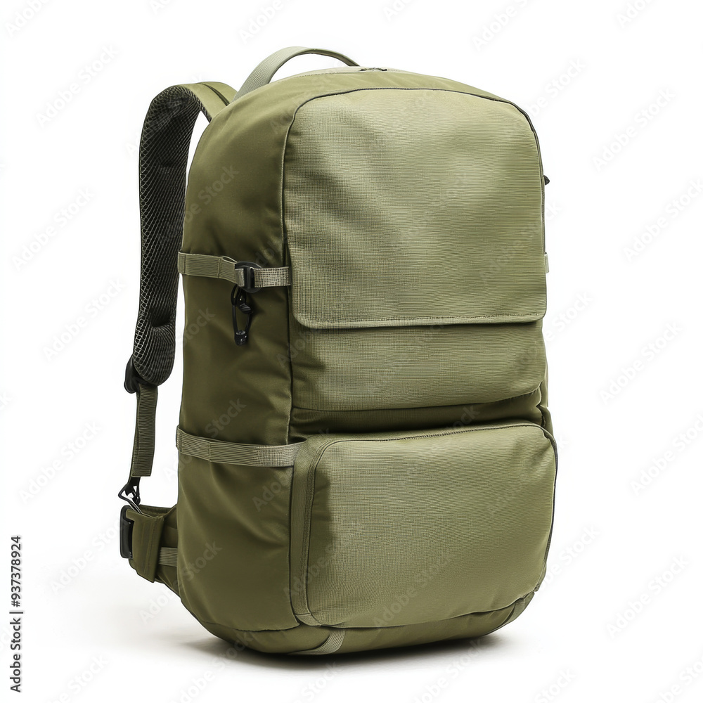 Naklejka premium A green backpack with a black strap and a black zipper. The backpack is made of a material that looks like it has a pattern on it