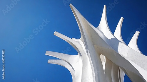 A photograph of a white, abstract structure with sharp, jagged edges, captured from a low angle to accentuate its towering presence, with clear blue sky as the backdrop, more clarity with clear light photo