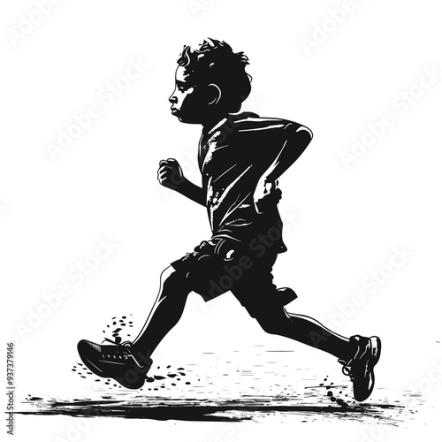 Silhouette of a young boy running energetically, captured in mid-stride.