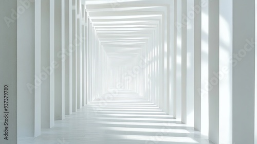 A photograph of a white structure with a series of evenly spaced  vertical lines  the strong lighting creates deep  defined shadows between the lines  more clarity with clear light and sharp focus 