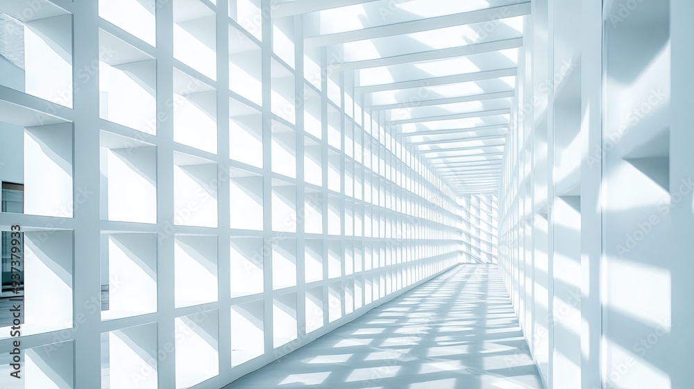 A photograph of a white architectural structure with a repeating pattern of square openings, the bright sunlight creates stark contrasts between the lit and shaded areas, more clarity with clear A photograph of a white architectural structure with a repeating pattern of square openings, the bright sunlight creates stark contrasts between the lit and shaded areas, more clarity with clear