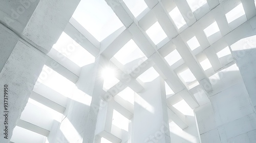 A photograph of a white architectural structure with a repeating pattern of square openings  the bright sunlight creates stark contrasts between the lit and shaded areas  more clarity with clear