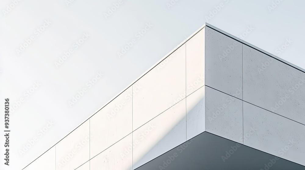 Fototapeta premium A close-up shot of a white, minimalist building corner with a sharp 90-degree angle, the shadows accentuating the starkness of the design against a clear sky, more clarity with clear light and sharp