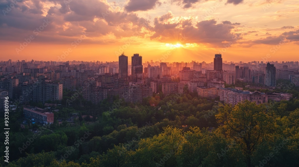 Fototapeta premium May sunset Kiev view from Peremogy park.