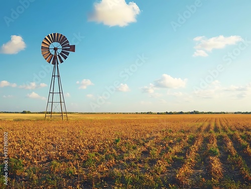 Windmill in a Field of Dried Plants - Photo