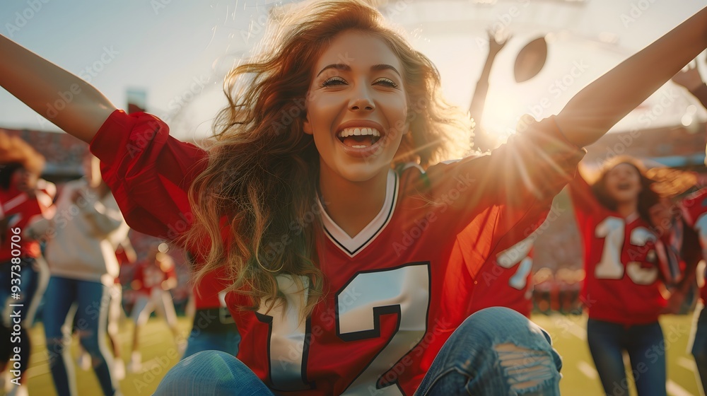 Fototapeta premium Woman in Men's Sports Jersey: A woman cheering at a sports event, wearing an oversized men's sports jersey and jeans. 