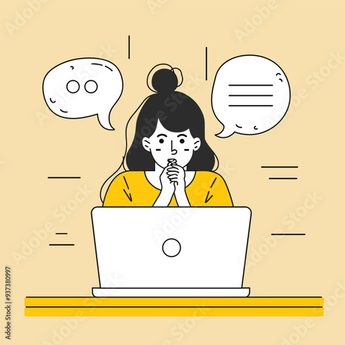 Illustration of a worried woman using a laptop, thinking deeply, with thought bubbles.