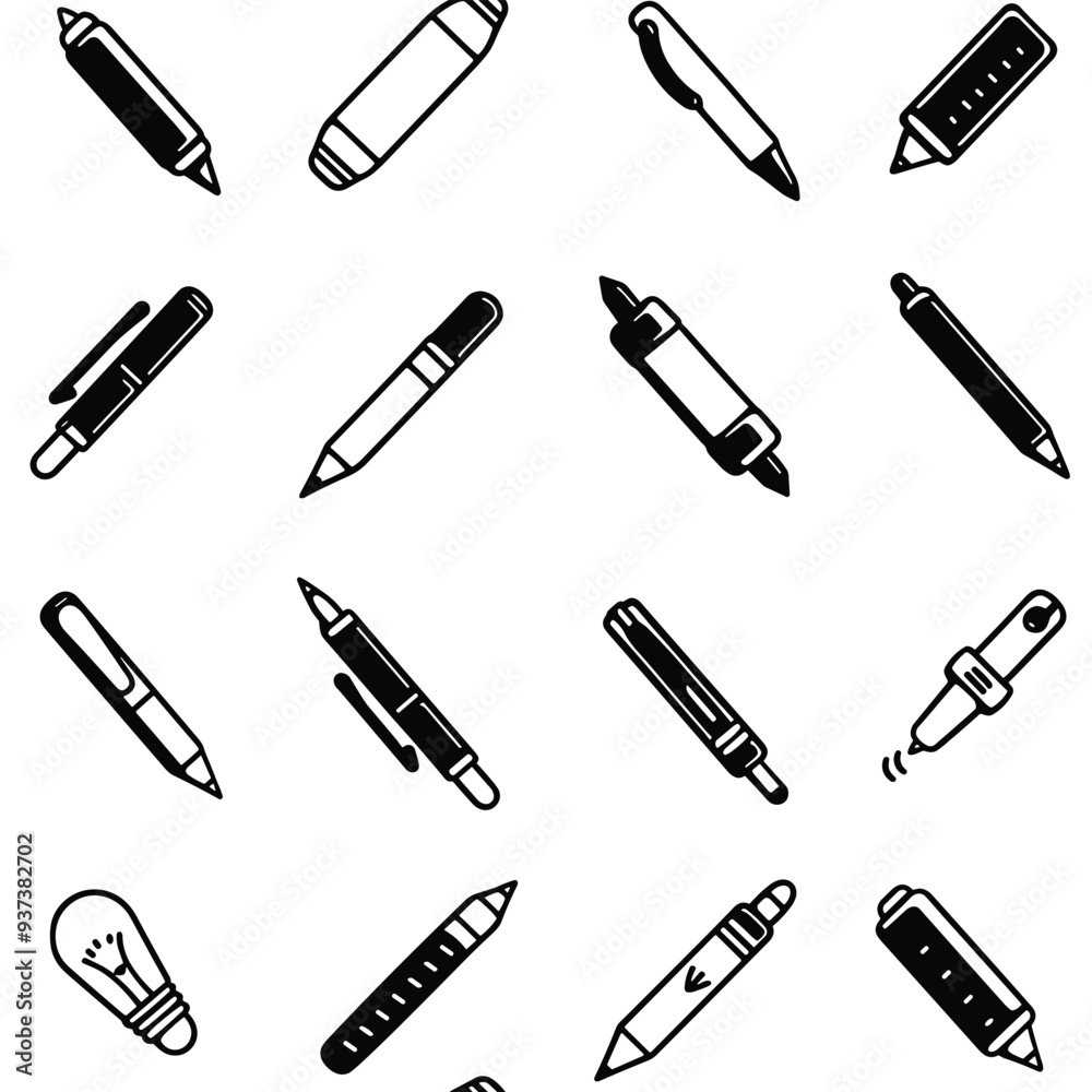 Seamless pattern featuring various writing tools drawn in a minimalist black and white design. Seamless pattern featuring various writing tools drawn in a minimalist black and white design.
