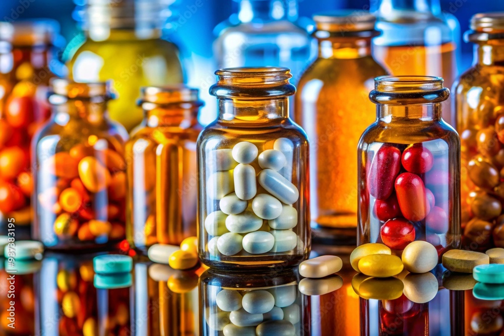 A collection of various colored pills and bottles, including some green A collection of various colored pills and bottles, including some green