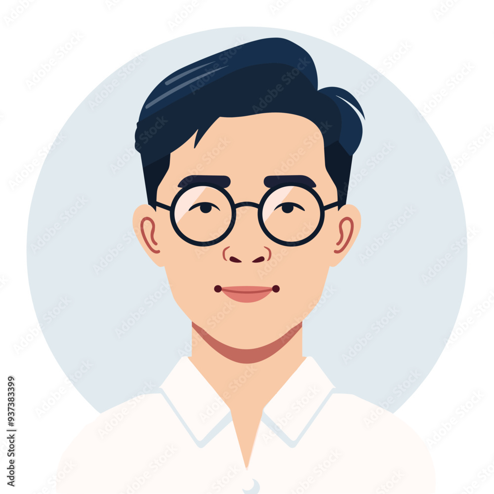 Illustration of a young man with black hair, glasses, and a white shirt, smiling confidently. Illustration of a young man with black hair, glasses, and a white shirt, smiling confidently.