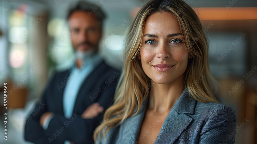 Smiling businessmen and businesswoman standing together in a corporate office, showcasing teamwork and success Smiling businessmen and businesswoman standing together in a corporate office, showcasing teamwork and success