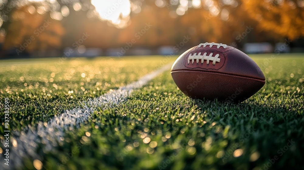 Football resting on field under bright sunlight