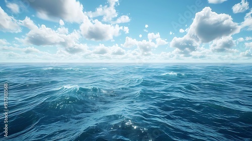 A serene ocean view with clear blue water and fluffy clouds in the sky.