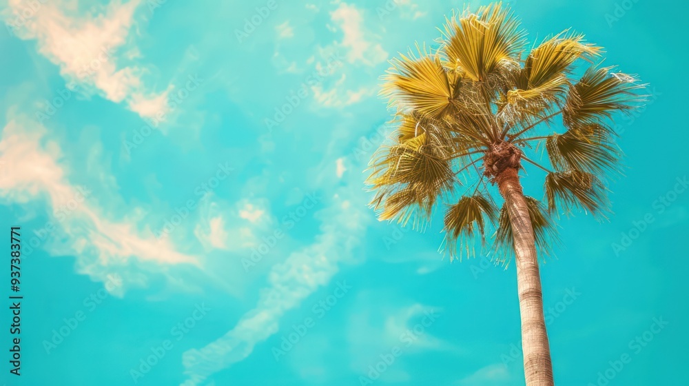 Palm Tree Silhouette Against a Bright Blue Sky with White Clouds Palm Tree Silhouette Against a Bright Blue Sky with White Clouds