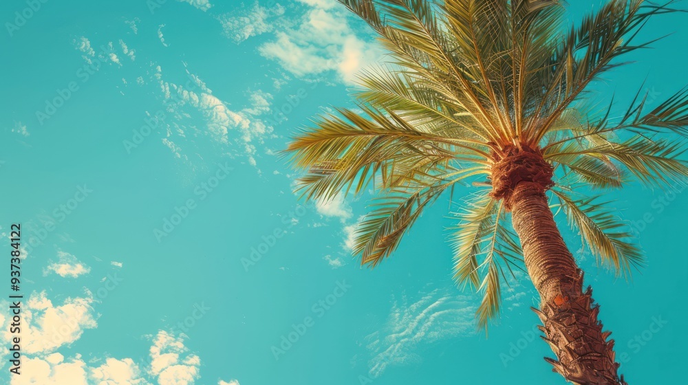 Obraz premium Palm Tree Trunk and Fronds Against a Blue Sky with White Clouds