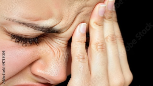 Woman experiencing headache or migraine. Pain and discomfort as she tightly shuts her eyes and presses her fingers against her temple