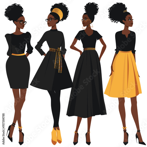 Four stylish African American women in trendy black and yellow outfits with elegant accessories and hairstyles.