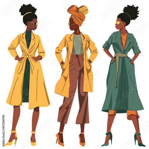 Three fashionable Black women in stylish outfits showcasing modern trends and vibrant colors.