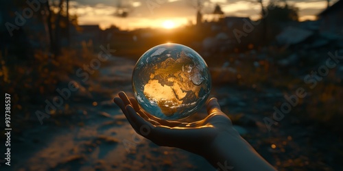 Environmental Stewardship: Girl Holding Crystal Globe Symbolizes Eco-Friendly Future. Abstract Concept of Saving Earth from Pollution, Climate Change, and Global Warming. Sustainable Development Goals