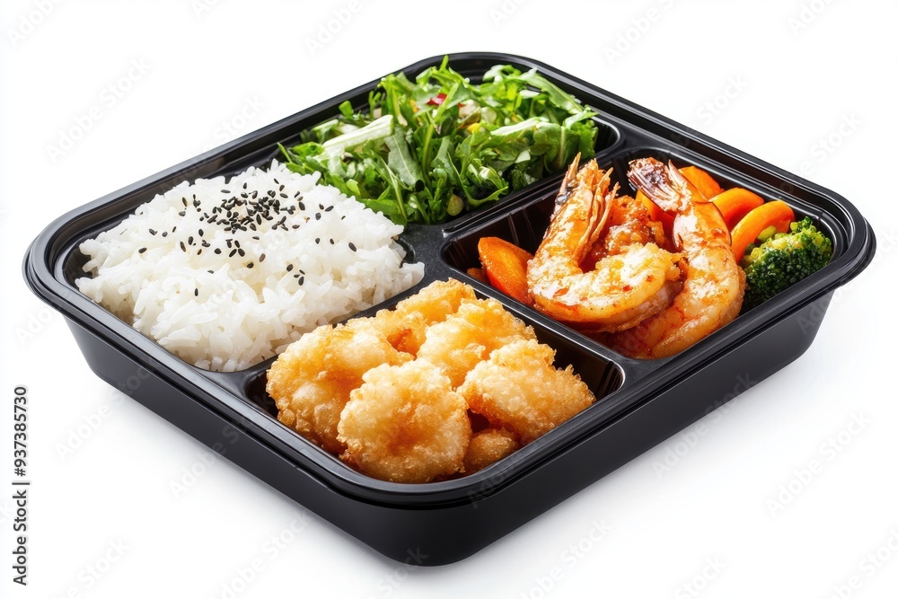 bento box featuring crispy shrimp tempura, rice, and vegetable stir fry bento box featuring crispy shrimp tempura, rice, and vegetable stir fry