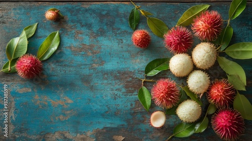 Rambutan on rustic table photo