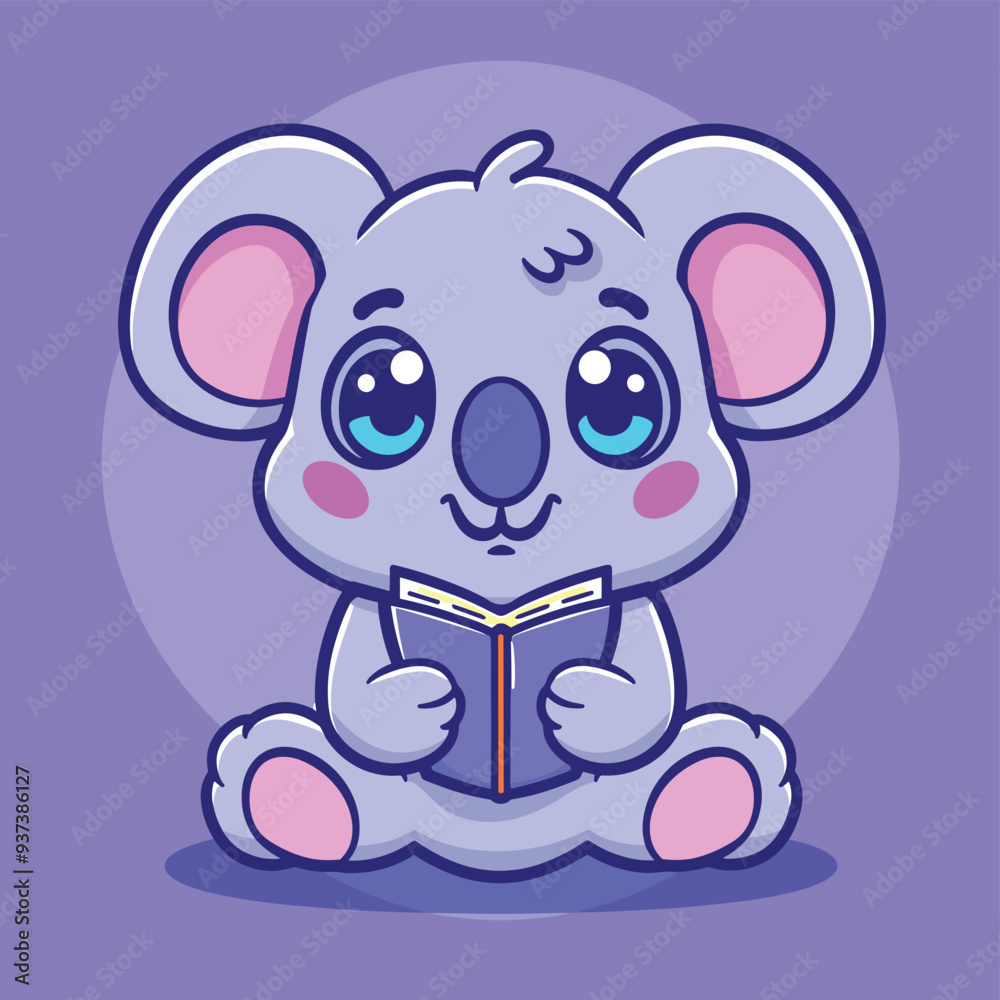 Cute cartoon koala sitting and reading a book on a purple background. Cute cartoon koala sitting and reading a book on a purple background.