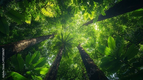 Looking Up at Lush Green Canopies of a Tropical Rainforest - Photo