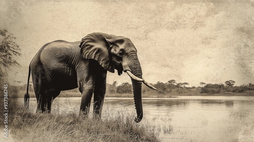 Vintage elephant image, Uganda's Kazinga Channel photo