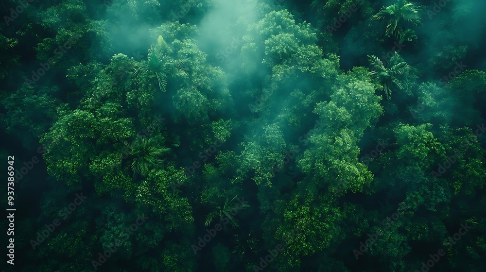 Naklejka premium Aerial View of Lush Green Forest with Mist Photo