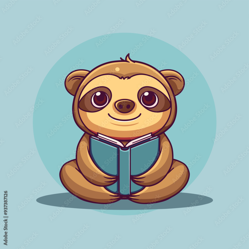 Cute cartoon sloth sitting and reading an open book on a blue background. Cute cartoon sloth sitting and reading an open book on a blue background.