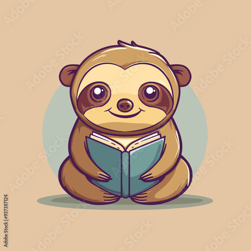 Adorable cartoon sloth holding a book with a smile on a light brown background.