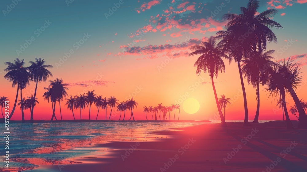 Silhouetted Palm Trees on a Tropical Beach at Sunset Silhouetted Palm Trees on a Tropical Beach at Sunset