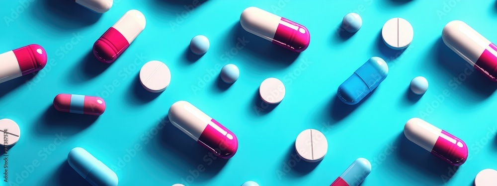 Colorful Pills and Capsules Scattered on a Light Blue Background Colorful Pills and Capsules Scattered on a Light Blue Background