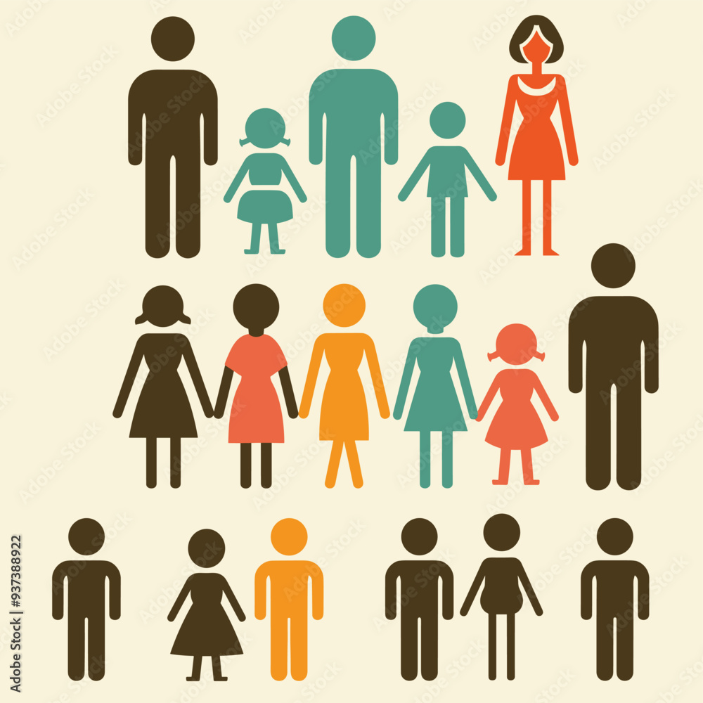 Colorful pictogram figures representing diverse family structures and individuals on a light background Colorful pictogram figures representing diverse family structures and individuals on a light background