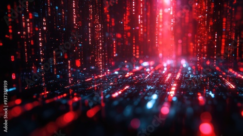 Futuristic Data Stream with Glowing Red and Blue Digital Code Matrix