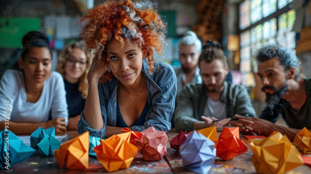 Obraz premium Modern Business Collaboration: Diverse Colleagues in Origami-Style Meeting Discussing Ideas and Strategies