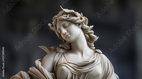 Greek goddess sculpture in timeless antique marble on dark background. Antique statue concept