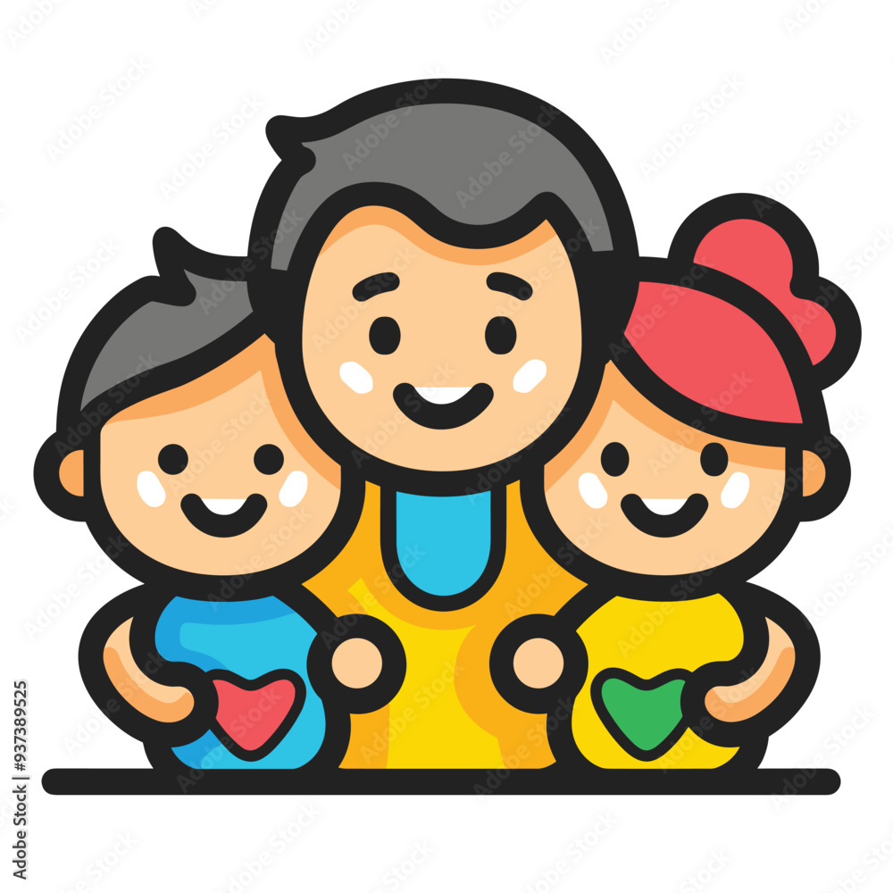 Cartoon illustration of a happy family of three, featuring a smiling father, son, and daughter holding hearts. Cartoon illustration of a happy family of three, featuring a smiling father, son, and daughter holding hearts.