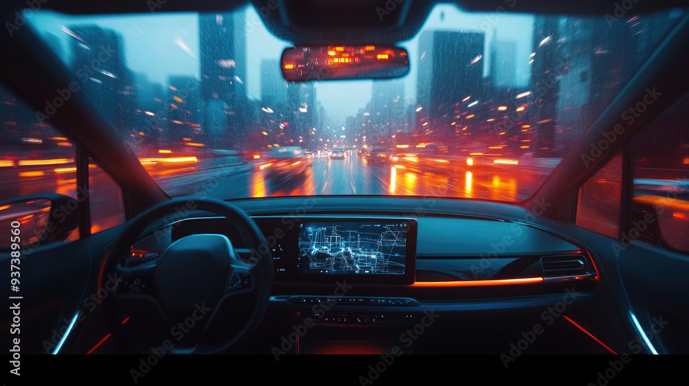 Futuristic Self-Driving Car Dashboard in Rainy Urban City at Night with Neon Lights Futuristic Self-Driving Car Dashboard in Rainy Urban City at Night with Neon Lights